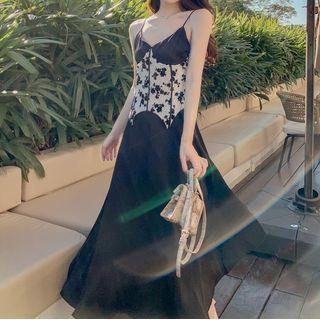 Spaghetti-strap Floral Print Panel Maxi A-line Dress