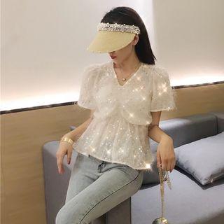 Sequined Chiffon V-neck Short-sleeve Top White - One Size
