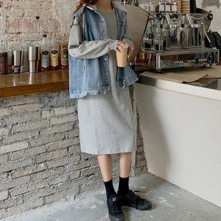 A-line Midi Sweatshirt Dress / Denim Vest