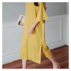 3/4-sleeve Slit-hem Midi Dress