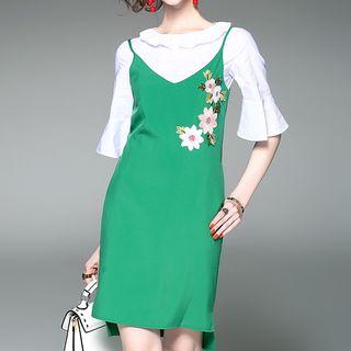 Set : Bell-sleeve Top + Embroidered Strap Dress