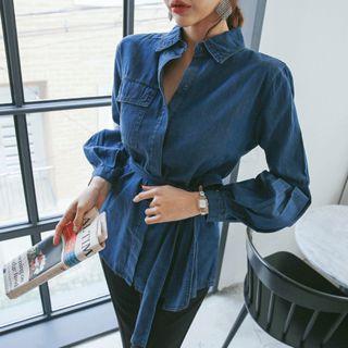 Hidden-button Denim Shirt With Sash