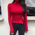 Long-sleeve Mock Neck Side-tie T-shirt Red - One Size