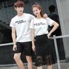 Couple Matching Lettering Short-sleeve T-shirt / High Waist Lace Skirt / Plain Shorts