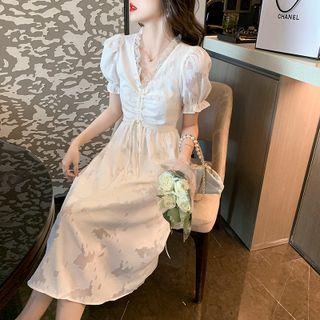 Puff-sleeve Lace Trim Drawstring Midi A-line Dress