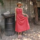 Spaghetti-strap Shirred Long Dress With Sash