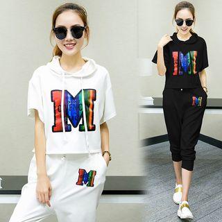 Set: Letter Short-sleeve Hoodie + Sweatpants