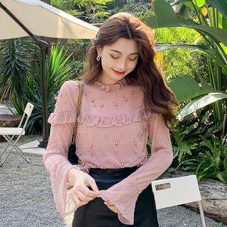 Mock-neck Dotted Ruffle Blouse