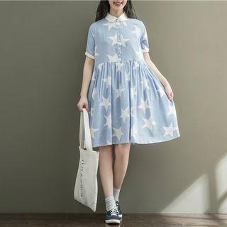 Star Print Collared Short Sleeve Dress