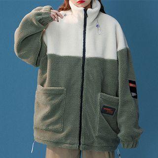 Letter Embroidered Two-tone Faux Shearling Jacket