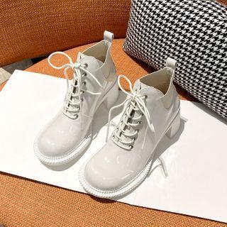 Chunky Heel Patent Lace-up Short Boots