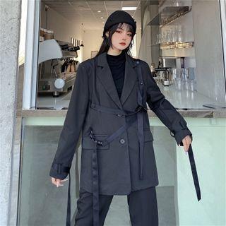 Lapel Collar Buckled Strap Plain Blazer Black - One Size