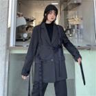 Lapel Collar Buckled Strap Plain Blazer Black - One Size