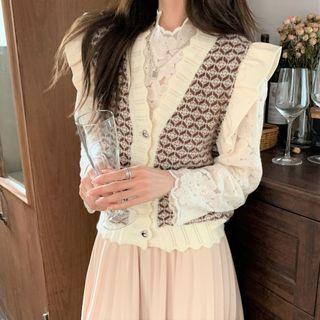 V-neck Ruffle Trim Sweater Vest / Lace Top