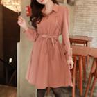 Bishop-sleeve Shirred Dress With Sash
