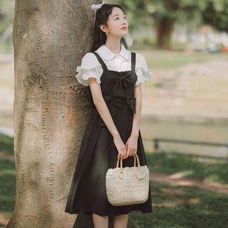 Set: Puff-sleeve Ruffled Blouse + Bow Overall Dress