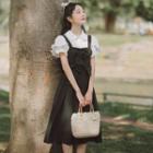 Set: Puff-sleeve Ruffled Blouse + Bow Overall Dress
