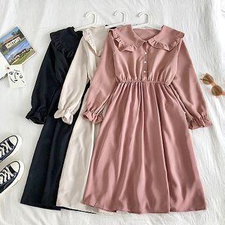 Plain Single-breasted Peter-pan Collar Long-sleeve Dress