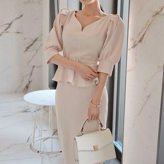 Set: Short-sleeve V-neck Top + Midi Sheath Skirt