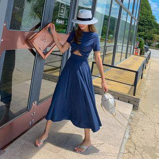 Set: Round-neck Draped Top + Band-waist Flare Skirt