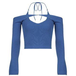Set: Halter Knit Camisole Top + Shrug Blue - One Size