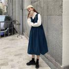 Long-sleeve High-neck Plain T-shirt / Corduroy Jumper Skirt