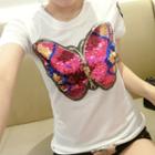 Butterfly Sequined Short Sleeve T-shirt