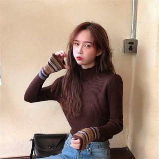 Striped Trim Mock-neck Knit Top