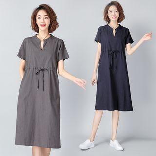 Short-sleeve Slit Collar A-line Midi Dress