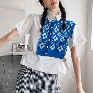 Mock Two-piece Floral Knit Panel Blouse
