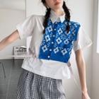 Mock Two-piece Floral Knit Panel Blouse
