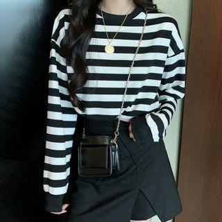 Drawstring-cuff Striped Long-sleeve T-shirt
