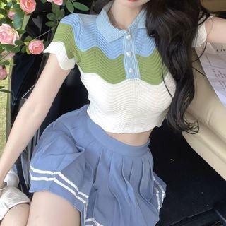 Short-sleeve Panel Knit Polo Top / A-line Skirt