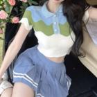 Short-sleeve Panel Knit Polo Top / A-line Skirt