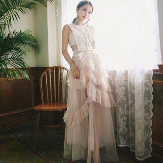 Sleeveless Mesh Ruffled Maxi Dress