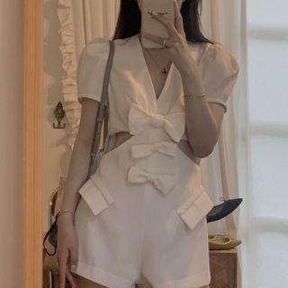 Short-sleeve Cutout Bow Romper