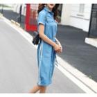 Contrast Trim Short Sleeve Midi Denim Shirt Dress