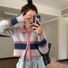 Color Block Zipped Knit Jacket Pink & Light Blue & Dark Blue - One Size