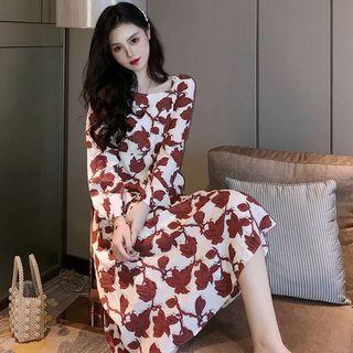 Long Sleeve Square Neck Flower Printed Dress As Shown In Figure - One Size