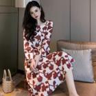 Long Sleeve Square Neck Flower Printed Dress As Shown In Figure - One Size