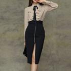 Long-sleeve Ruffled Blouse / High-waist Zip Midi Pencil Skirt