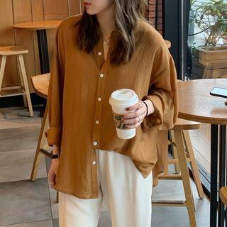 Long-sleeve Plain Slit Loose Fit Shirt