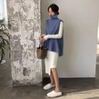 Turtleneck Knit Vest / Asymmetric Hem Long-sleeve Sheath Knit Dress