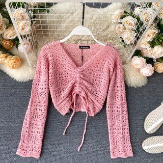 Drawstring Long-sleeve Pointelle Knit Top