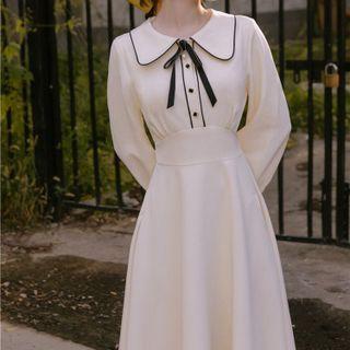 Long-sleeve Tie-neck Peter Pan Collar Midi A-line Dress