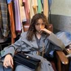 Peak Lapel Double-breasted Plain Long Blazer / Faux-leather Belt