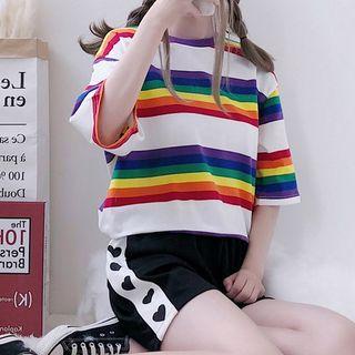 Striped Elbow-sleeve T-shirt / Heart Shorts