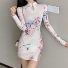 Long-sleeve Mandarin Collar Print Mini Sheath Dress