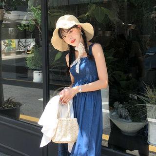 Square-neck Smocked Midi Pinafore Dress
