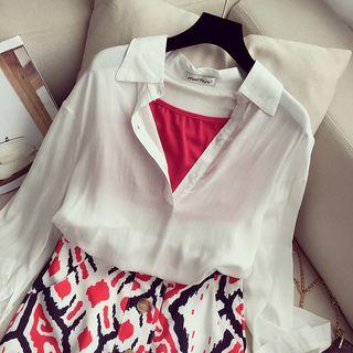 Set: Long-sleeve Blouse + Cropped Camisole Top + Printed A-line Skirt